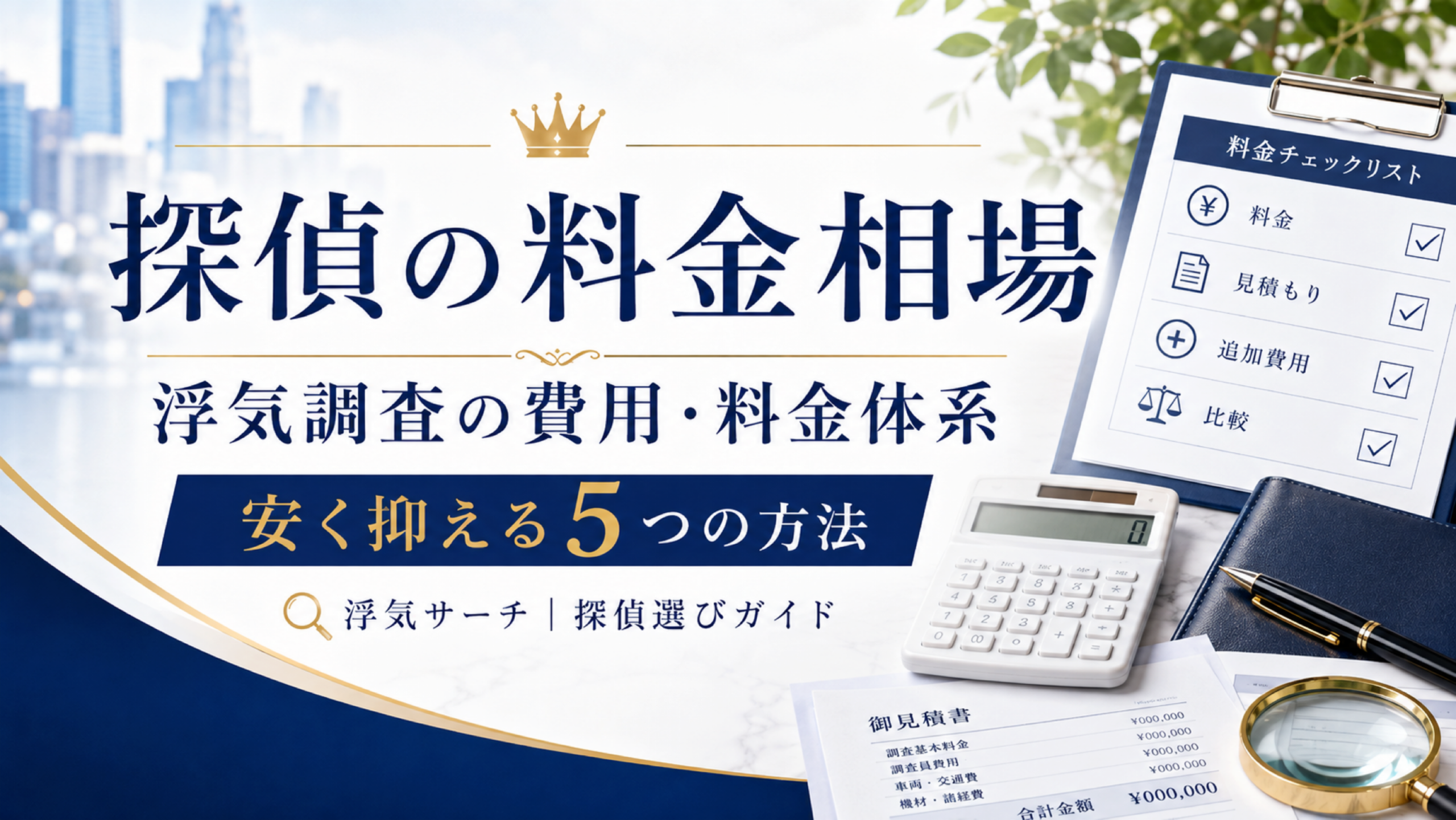 探偵の料金相場と浮気調査の費用・料金体系、安く抑える5つの方法を解説するアイキャッチ画像